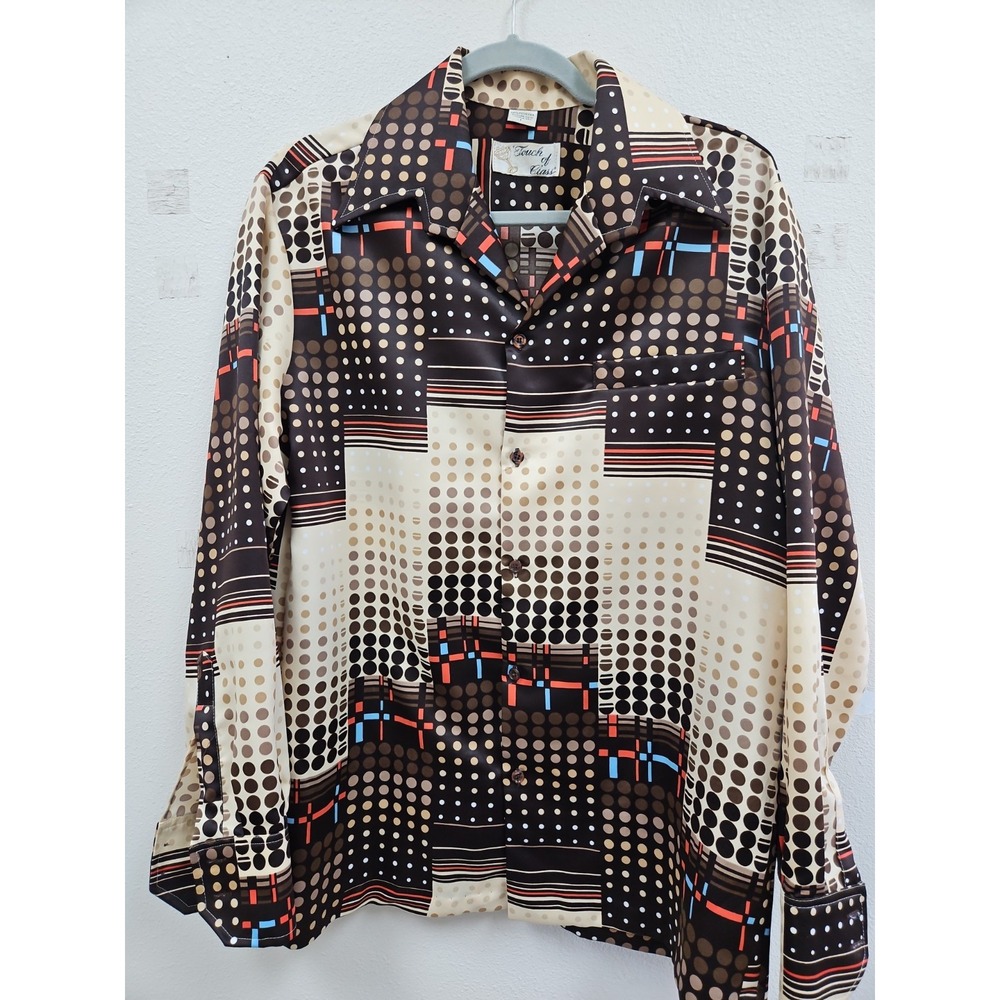 Disco Retro  Vintage 70's Touch Of Class  Shirt Large  Geometric Poka Dot  Rare